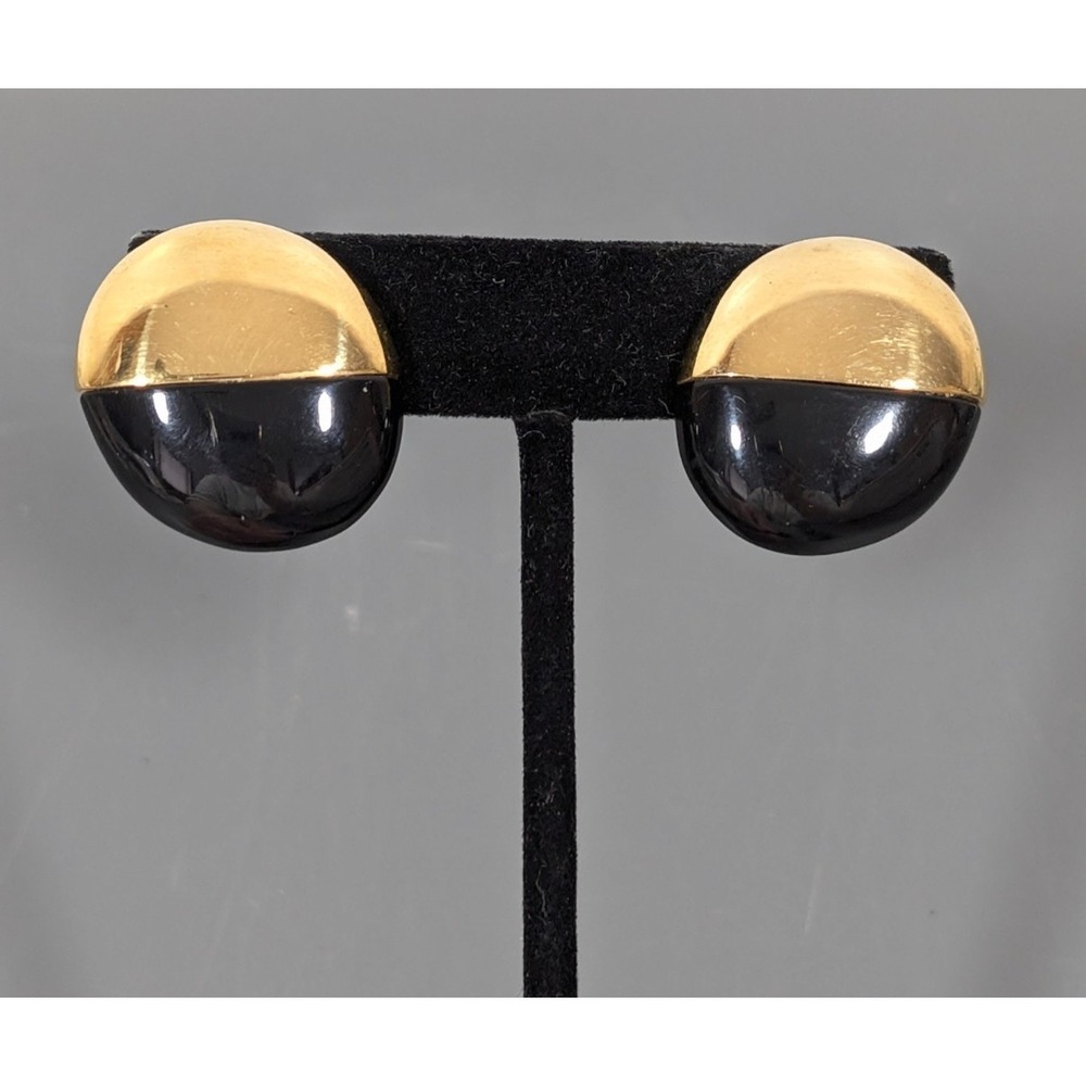 Liz Claiborne‎ Vintage Black Gold Colorblock Dome Earrings Pierced Classic